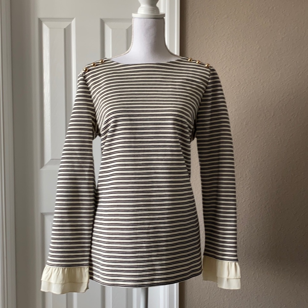 Super cute striped top, navy, cream, and gold.